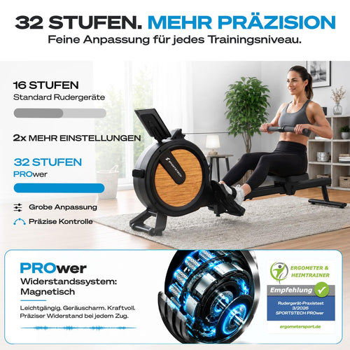 Sportstech Rudergerät für Zuhause, leise 32-Stufen Magnetwiderstand, PROwer