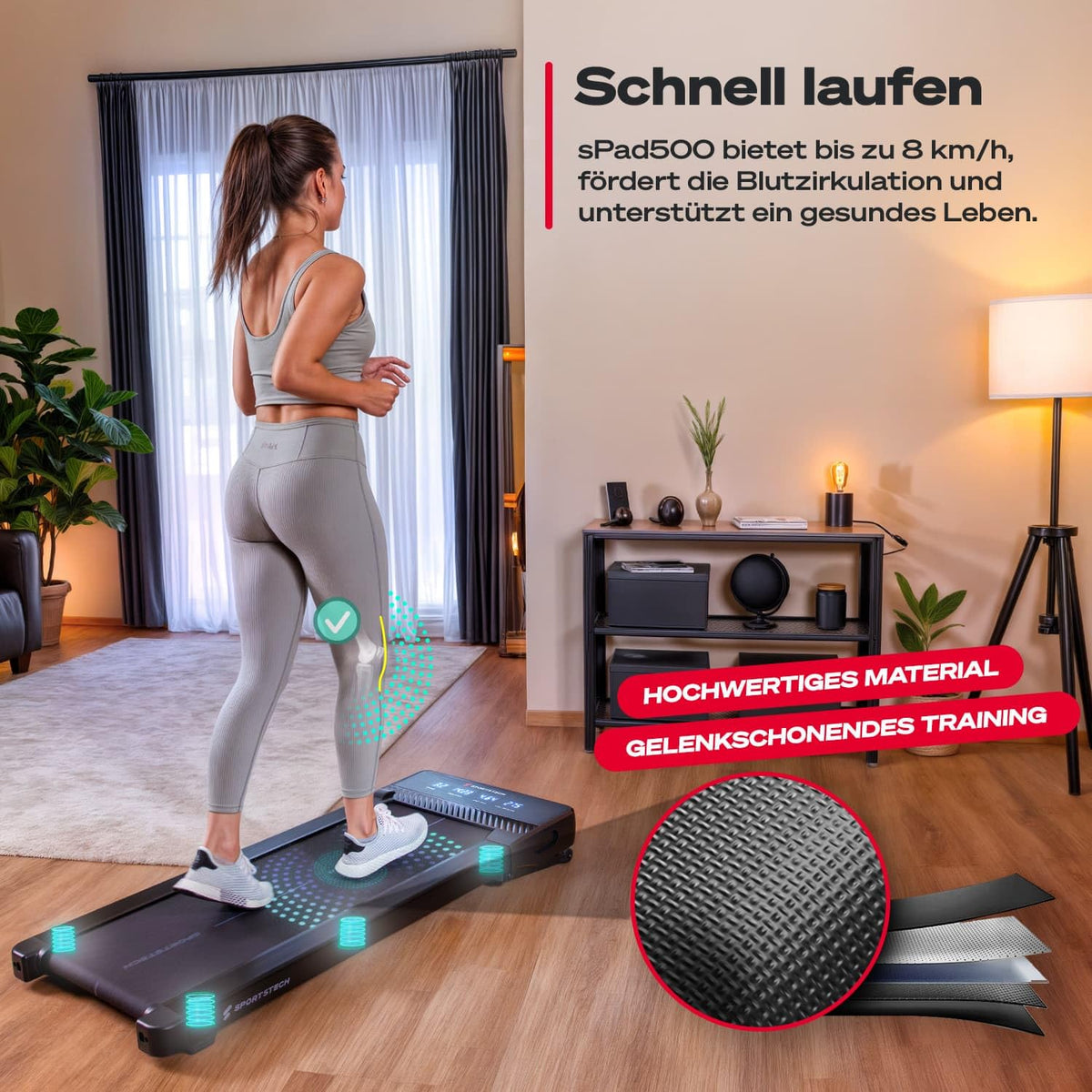 Spad500 Laufband, 126 x 58 x 15,8 cm, 27,6 kg, 120 kg max. Benutzergewicht, 1-8 km/h, 1838 W, Bluetooth