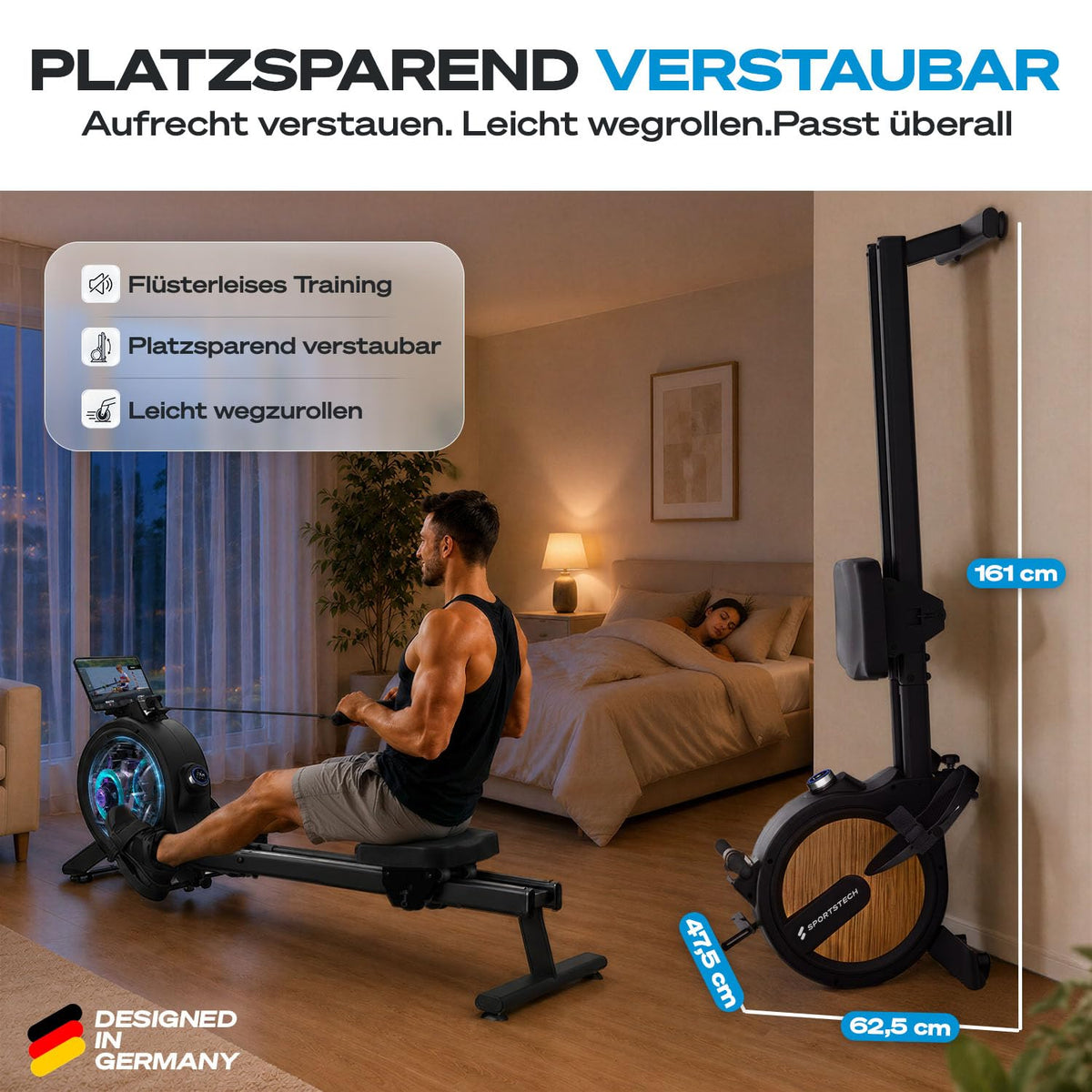 Sportstech Rudergerät für Zuhause, leise 32-Stufen Magnetwiderstand, PROwer