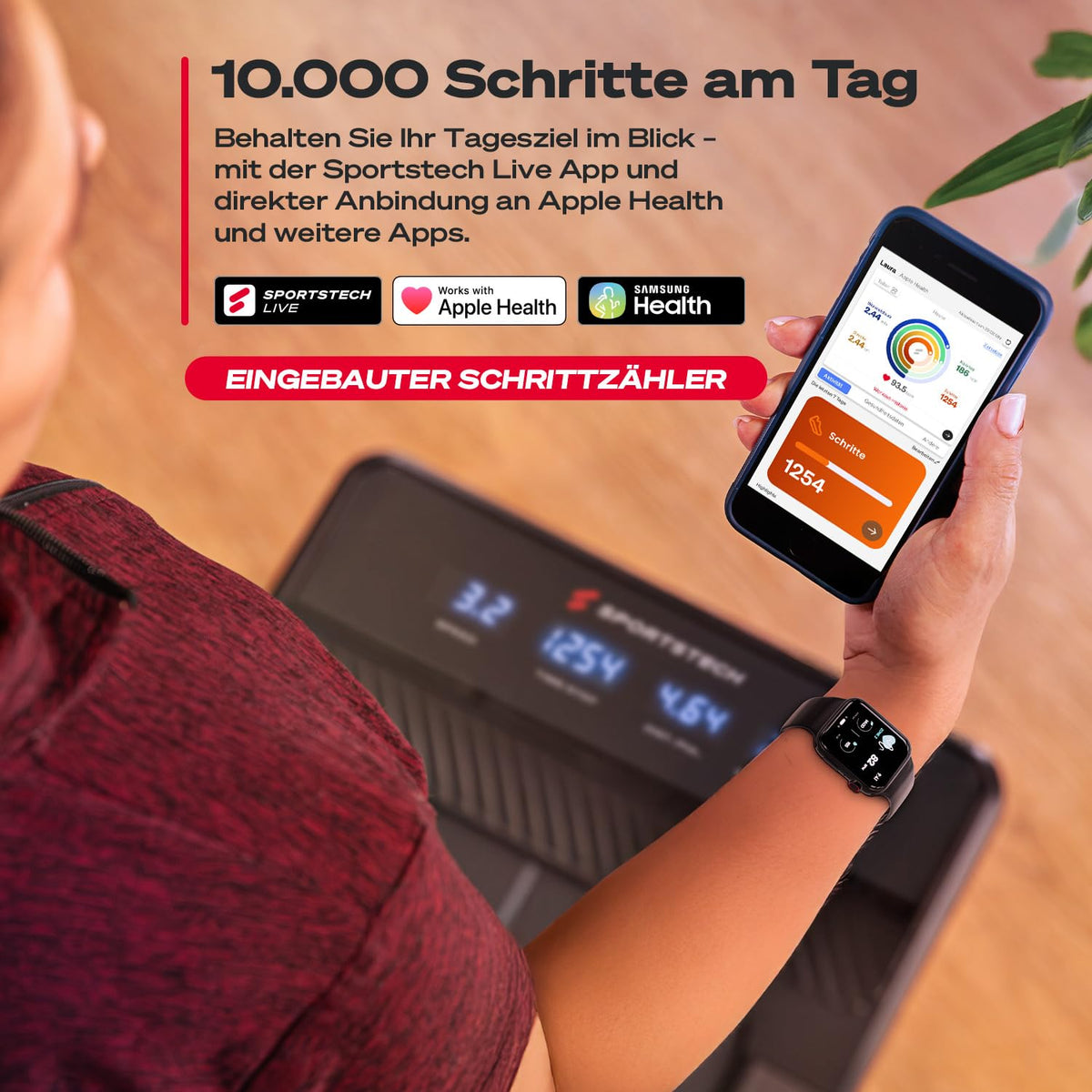 Spad500 Laufband, 126 x 58 x 15,8 cm, 27,6 kg, 120 kg max. Benutzergewicht, 1-8 km/h, 1838 W, Bluetooth