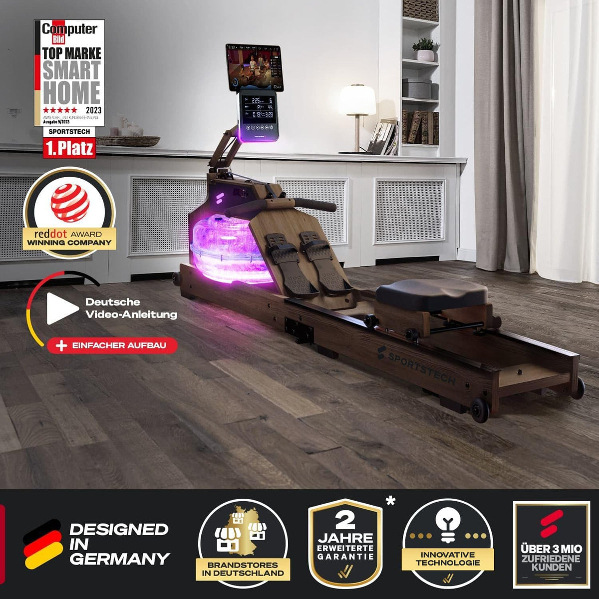 Sportstech, Wasserrudergerät + 3-Fach individuell verstellbar WRX1000