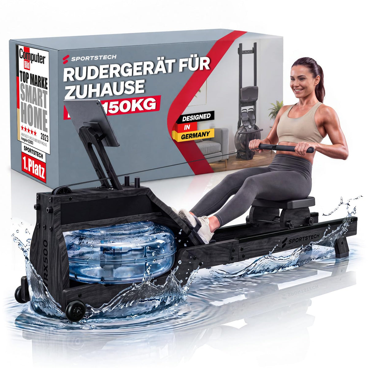 Sportstech WRX500 Holz-Wasserrudergerät | FSC-zertifiziertes Naturholz, 10L Tank, LED-Display & App