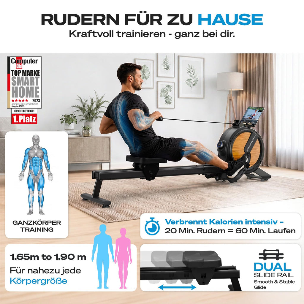 Sportstech Rudergerät für Zuhause, leise 32-Stufen Magnetwiderstand, PROwer