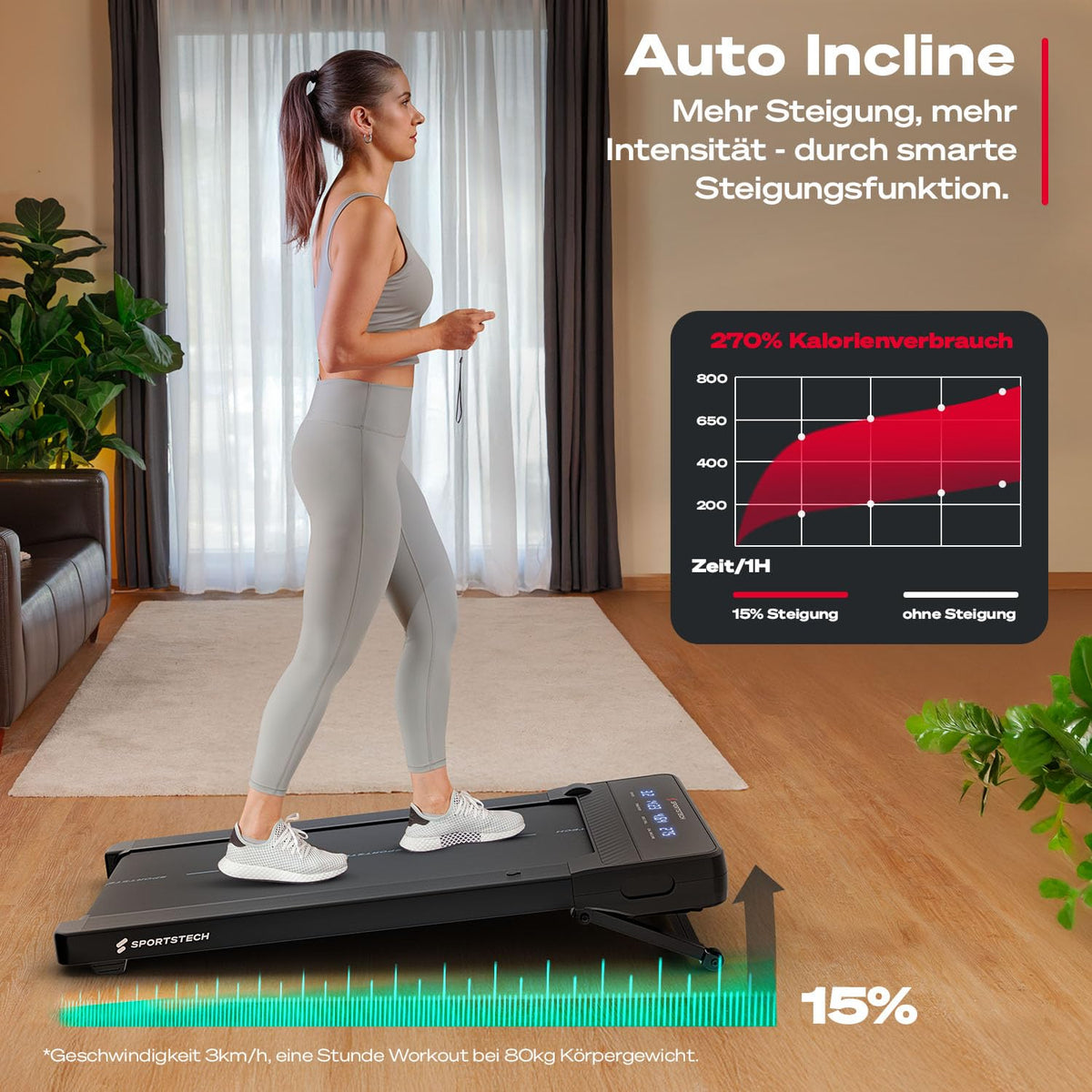 Spad500 Laufband, 126 x 58 x 15,8 cm, 27,6 kg, 120 kg max. Benutzergewicht, 1-8 km/h, 1838 W, Bluetooth