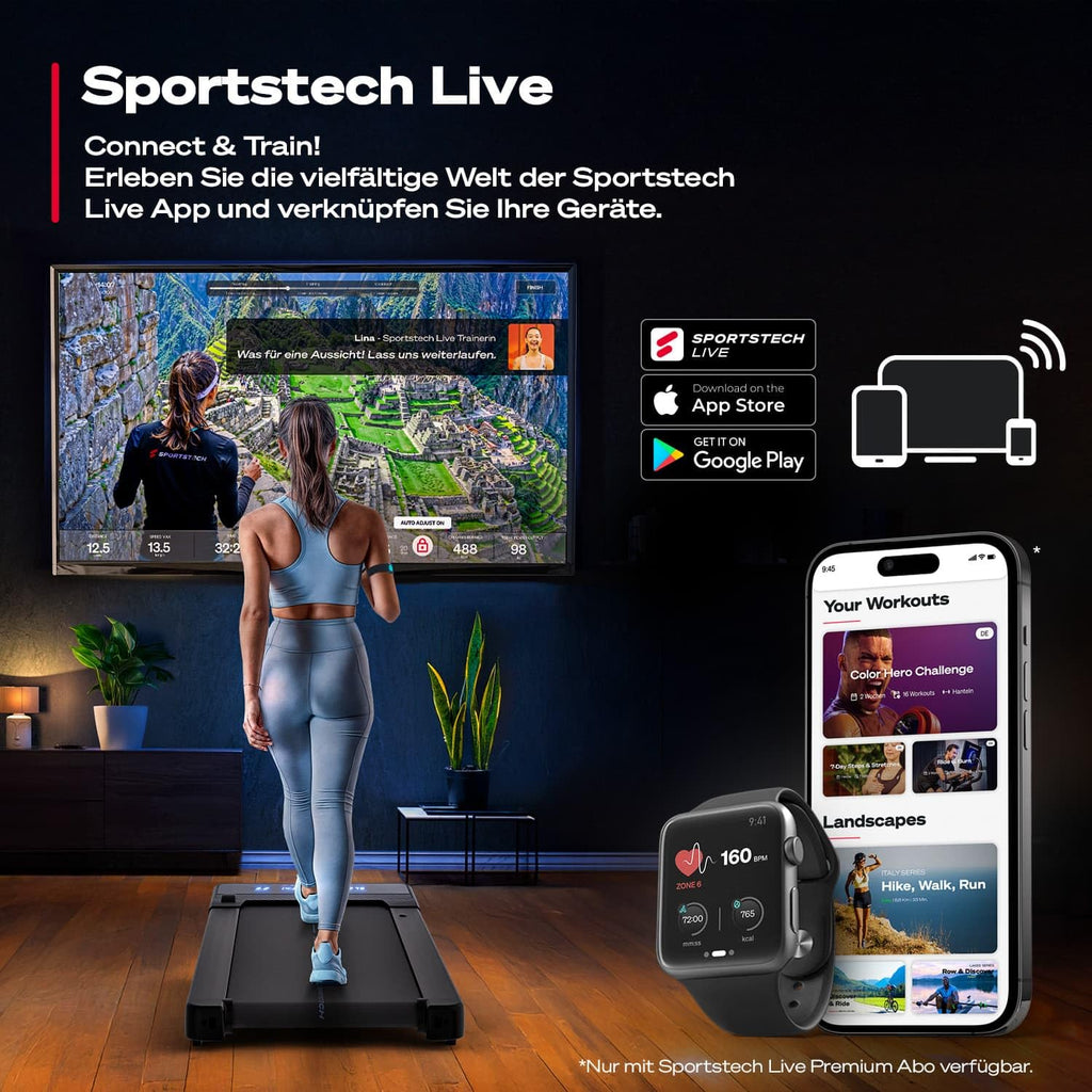 Spad500 Laufband, 126 x 58 x 15,8 cm, 27,6 kg, 120 kg max. Benutzergewicht, 1-8 km/h, 1838 W, Bluetooth