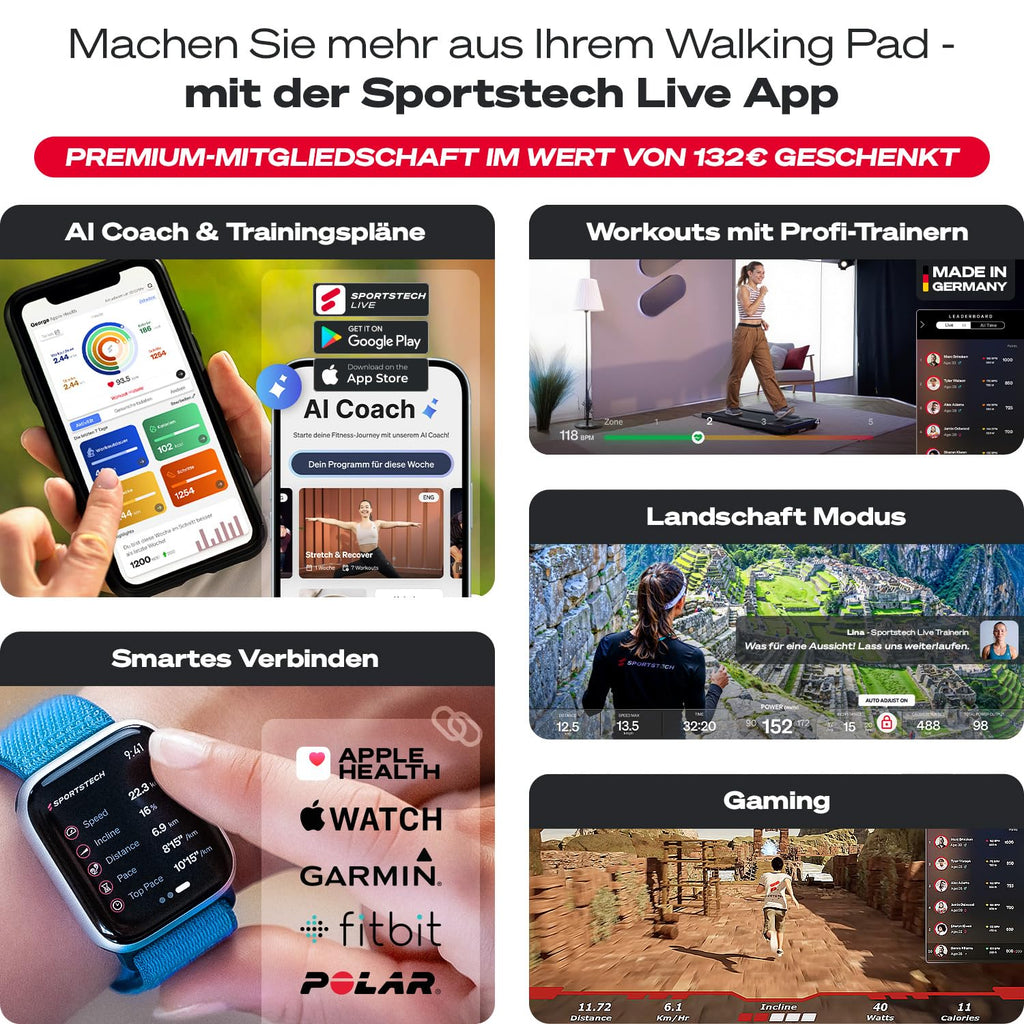 Spad500 Laufband, 126 x 58 x 15,8 cm, 27,6 kg, 120 kg max. Benutzergewicht, 1-8 km/h, 1838 W, Bluetooth