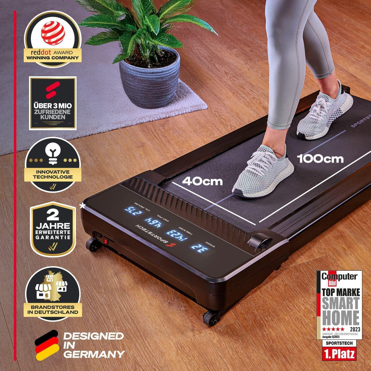 Spad500 Laufband, 126 x 58 x 15,8 cm, 27,6 kg, 120 kg max. Benutzergewicht, 1-8 km/h, 1838 W, Bluetooth
