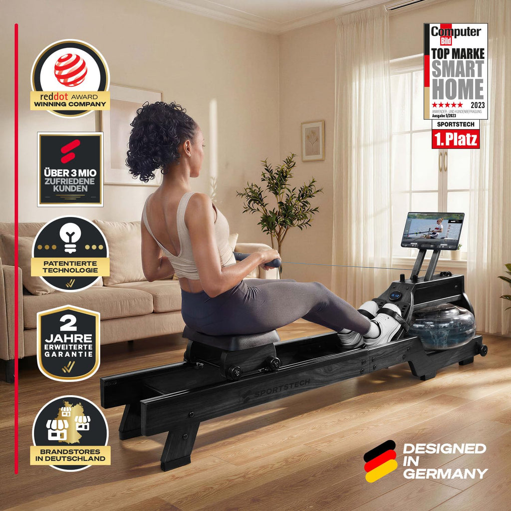 Sportstech WRX500 Holz-Wasserrudergerät | FSC-zertifiziertes Naturholz, 10L Tank, LED-Display & App