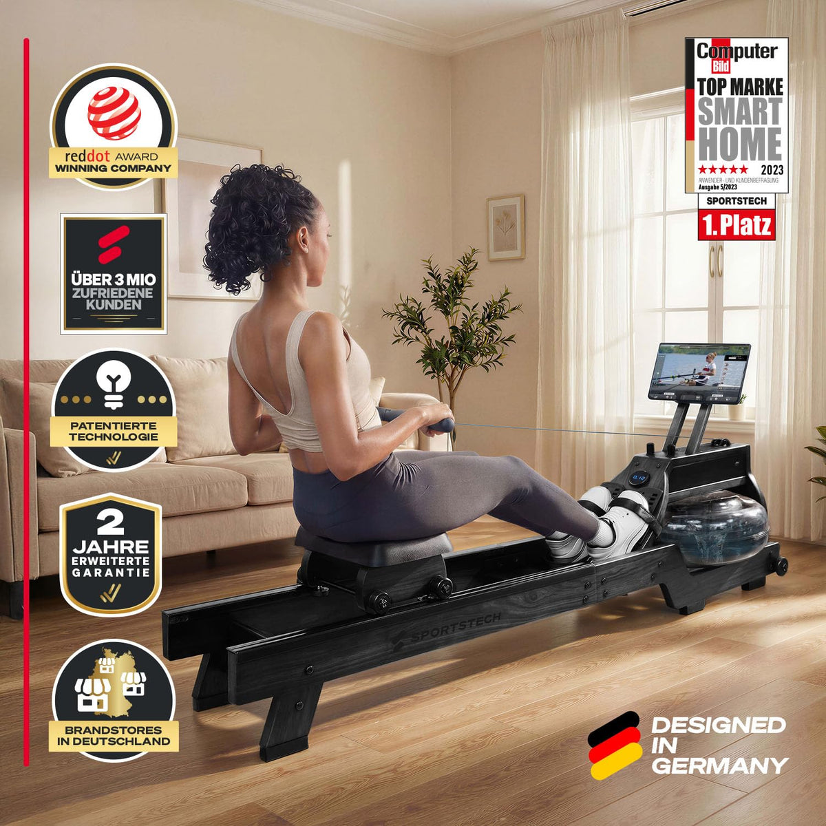 Sportstech WRX500 Holz-Wasserrudergerät | FSC-zertifiziertes Naturholz, 10L Tank, LED-Display & App